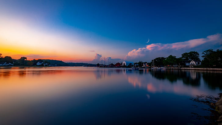 horizon, reflection, sky, moon, water, landscape, twilight, HD wallpaper