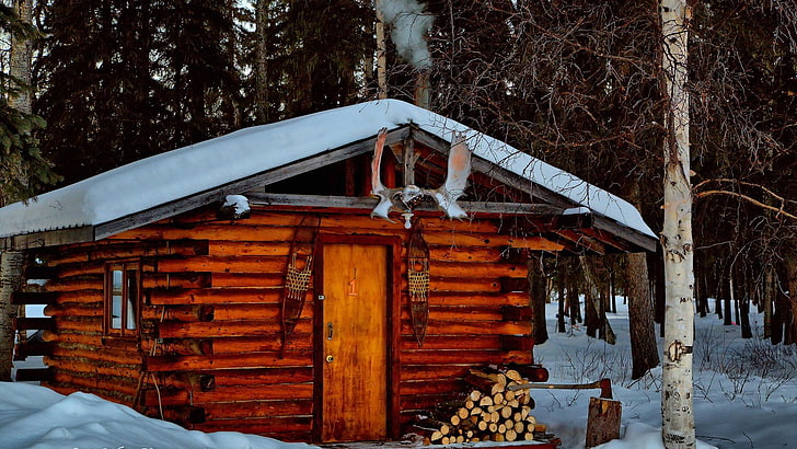 alaska, winter, log cabin, home, shack, shed, hut, house, cottage, HD wallpaper