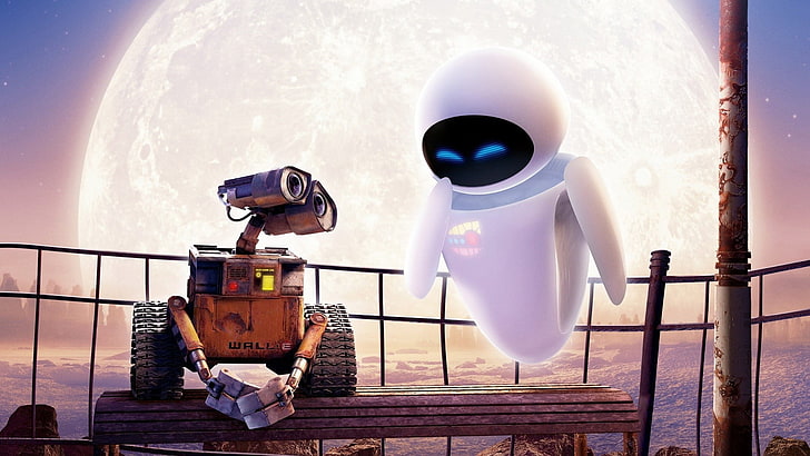 Disney Wall-E and Eve, Disney Pixar, WALL·E, Eva, Moon, robot, HD wallpaper