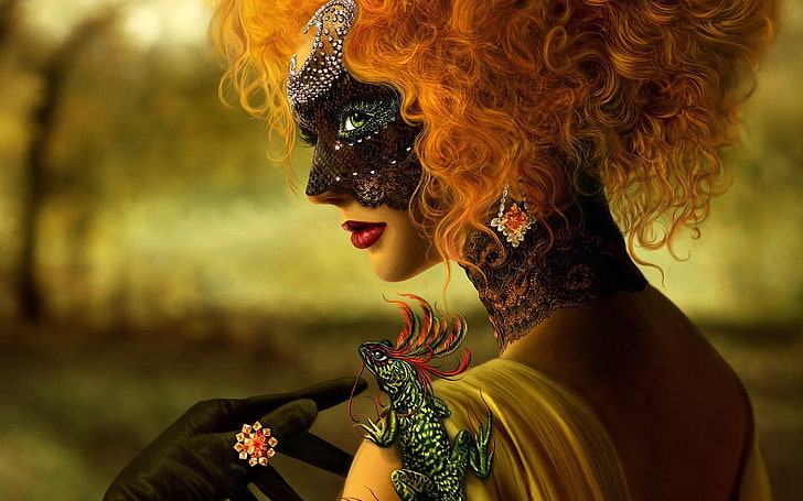 mask, women, redhead, venetian masks, face, fantasy art, fantasy girl, HD wallpaper