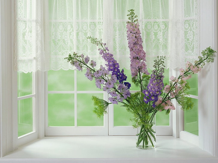 purple and pink flowers centerpiece, gladioli, window, vase, indoors