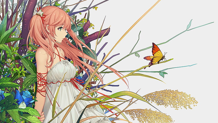 anime girls, butterfly, plant, nature, leaf, one person, plant part, HD wallpaper