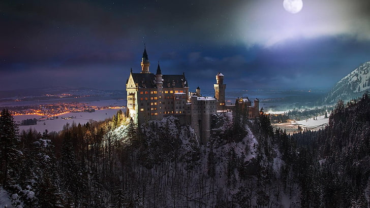 white and black castle painting, Neuschwanstein Castle, Germany, HD wallpaper