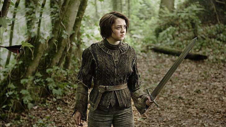 women's holding sword movie still, Arya Stark, Game of Thrones