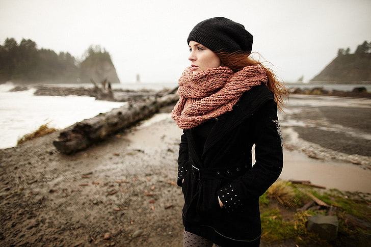 women, scarf, redhead, looking away, model, black coat, looking into the distance