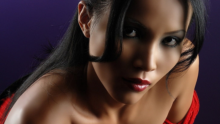 women, face, black hair, makeup, red lipstick, long hair, model, HD wallpaper