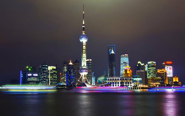 high rise building during night time photography, Shanghai Nights