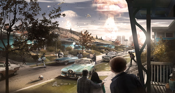 three person facing on car wallpaper, Fallout 4, concept art, HD wallpaper