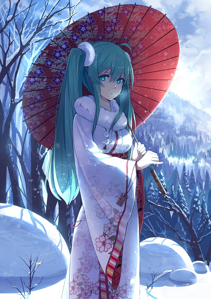 Vocaloid, Hatsune Miku, forest, traditional clothing, kimono, HD wallpaper