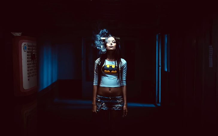 women's blue and yellow Batman print crop top, smoking, dark, HD wallpaper