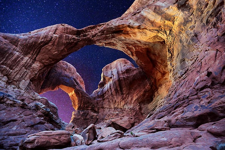 the sky, stars, arch, Utah, USA, Arches National Park, Double Arch