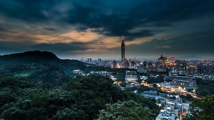 Taipei, hills, clouds, Taiwan, street, sunset, evening, Taipei 101, HD wallpaper
