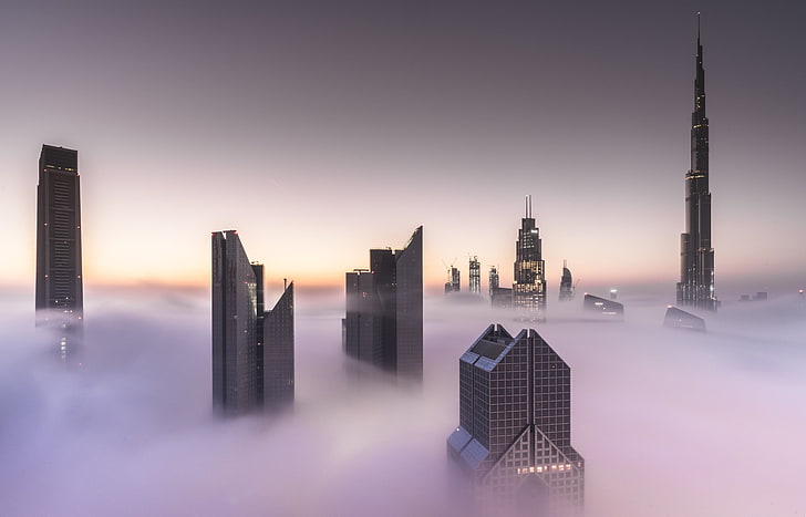 grey highrise building, Dubai, cityscape, mist, Burj Khalifa, HD wallpaper
