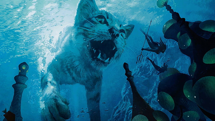 cat and people illustration, fantasy art, underwater, Magic: The Gathering, HD wallpaper