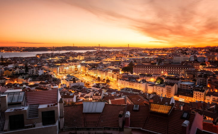 sunset, river, building, home, panorama, Portugal, night city