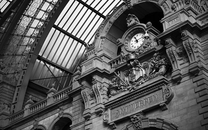 monochrome, train station, Belgium, clocks, Antwerpen, architecture