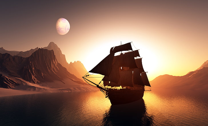 brown and white galleon ship digital wallpaper, sea, the sky