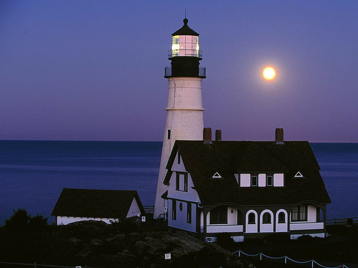 lighthouse, sea, Moon, night, coast