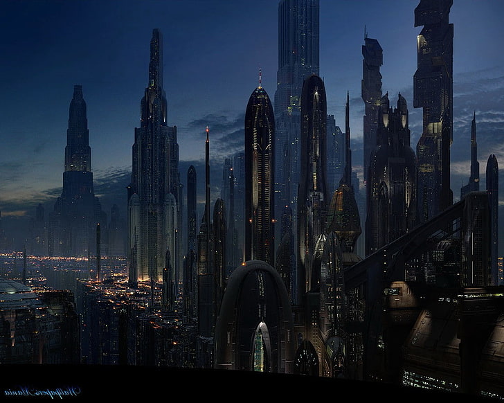 Coruscant, night, Star Wars, built structure, architecture, HD wallpaper