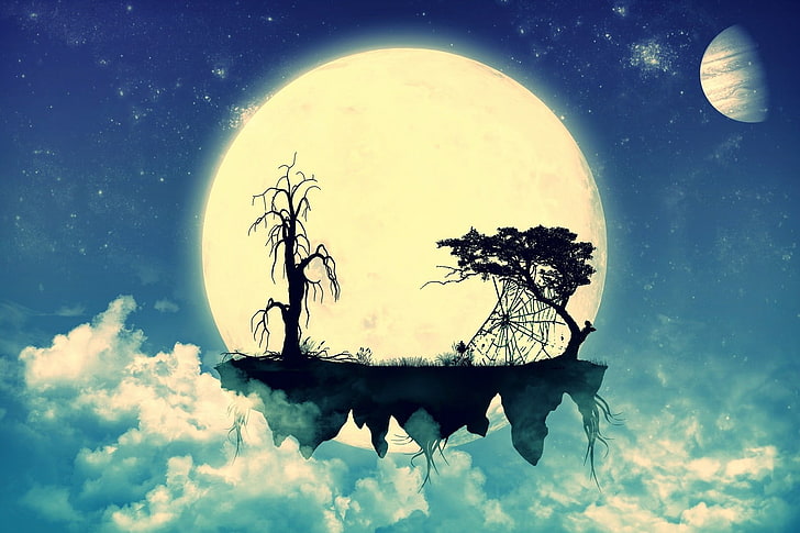 silhouette of tree on moon, abstract, floating island, clouds