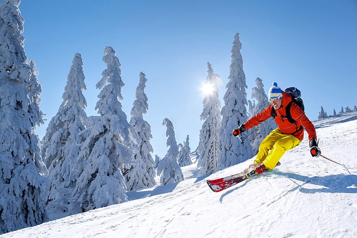 winter, the sky, the sun, snow, trees, the descent, hat, ski, HD wallpaper