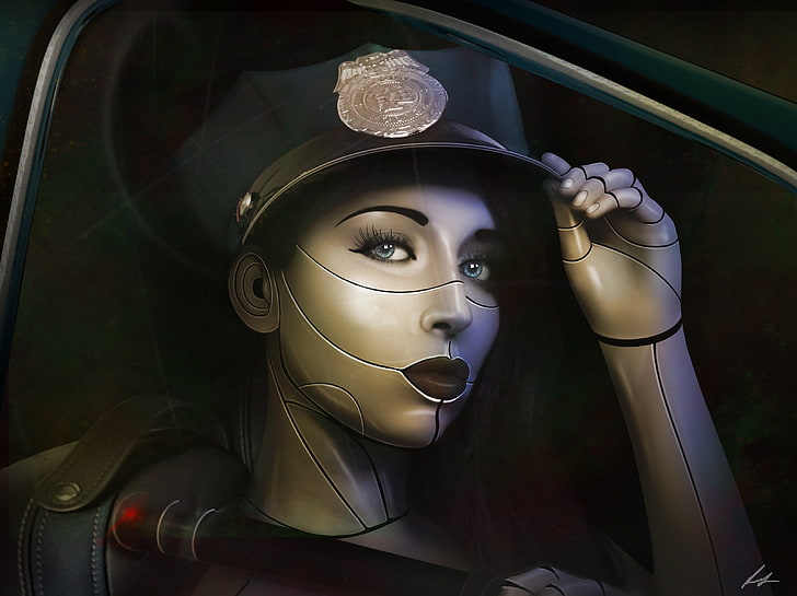 woman with officer cap digital wallpaper, artwork, robot, science fiction