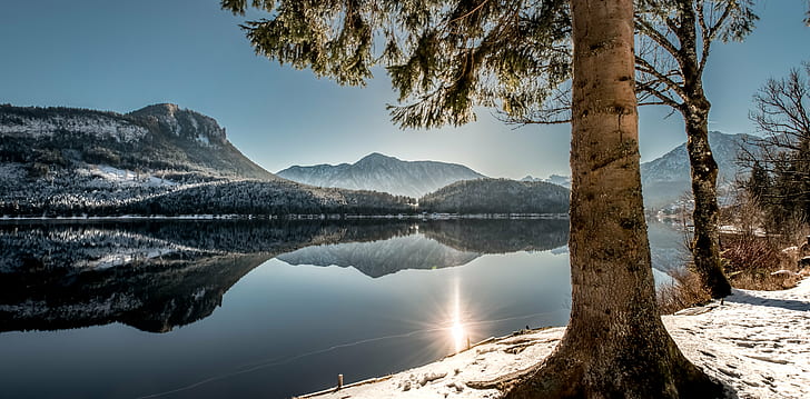 parabolic photography of mountain, landscape, lake, Altaussee, HD wallpaper