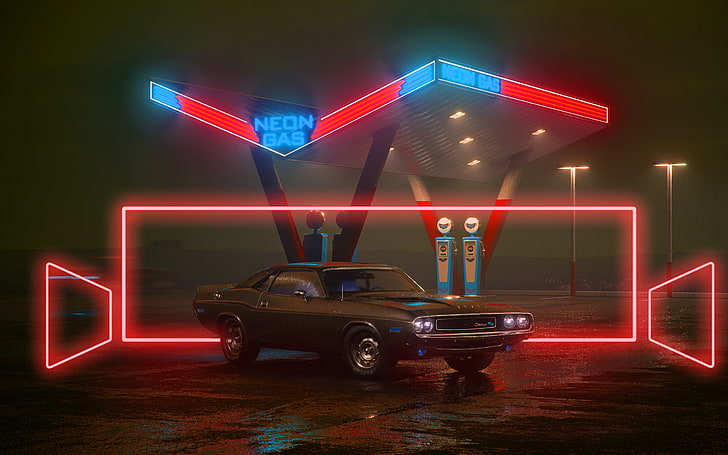 car, neon, night, old, old car, illuminated, motor vehicle, HD wallpaper