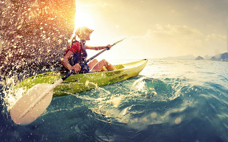 Kayak rowing, women's in red shirt riding green kayak, water, HD wallpaper