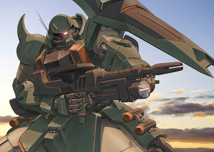 green robot graphic wallpaper, Gundam, Zaku II, desert, mech, HD wallpaper