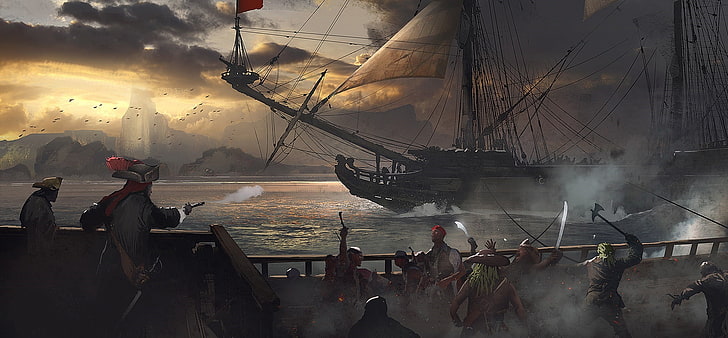 galleon ship game cover, pirates, fantasy art, artwork, nautical vessel