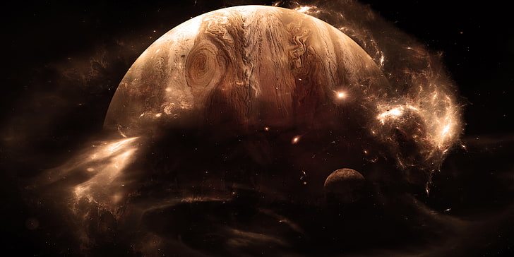 Jupiter planet illustration, stars, light, satellite, gas giant