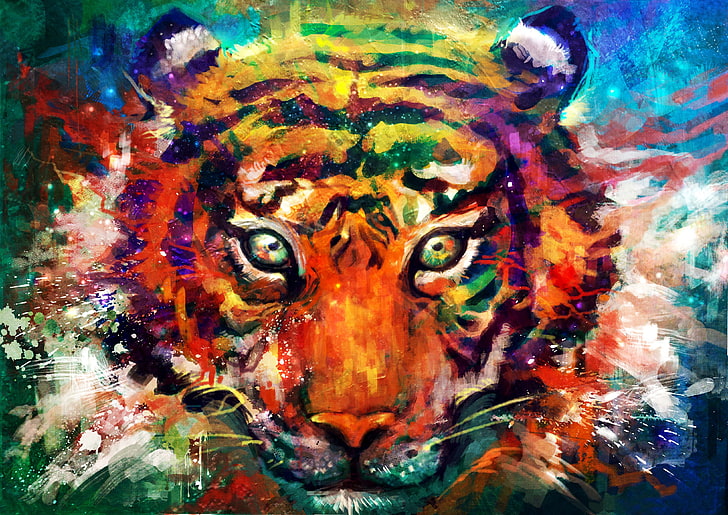 orange tiger painting, eyes, look, animal, head, art, multi Colored