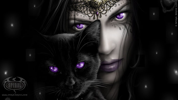 black cat, Dark, Gothic, Eye, Purple Eyes, Witch, Woman, domestic Cat