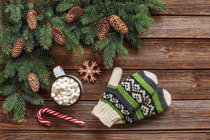 decoration, New Year, Christmas, mug, wood, mittens, cup, xmas, HD wallpaper