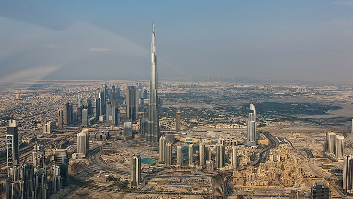 United Arab Emirates, lake, cityscape, Burj Khalifa, architecture, HD wallpaper
