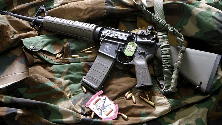 British SA-80 rifle from 1996, black and gray rifle and bullets, HD wallpaper