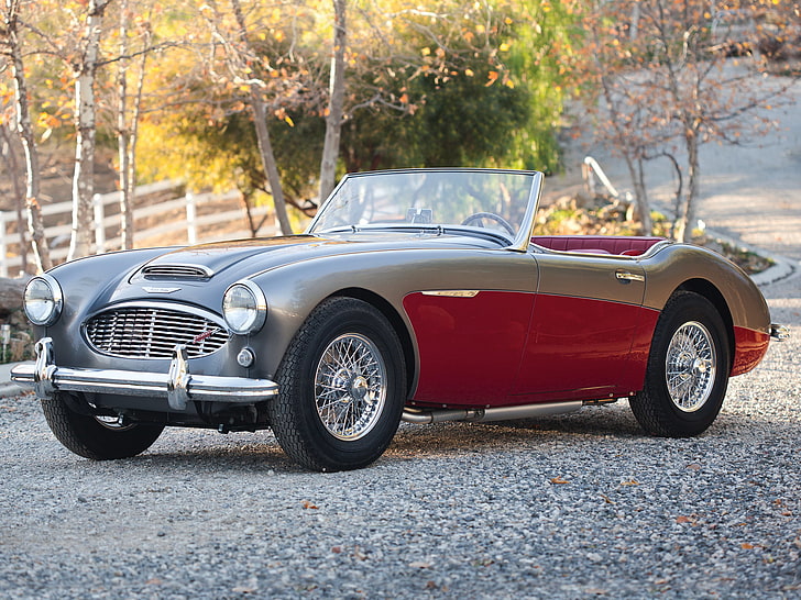 red and gray convertible coupe, austin healey, 3000, 1959, retro