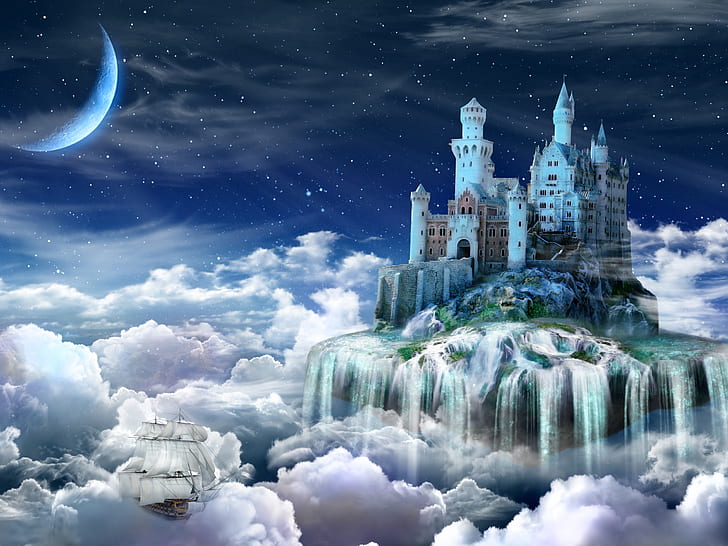 Night, castle, fairy tale, clouds, creative design, HD wallpaper
