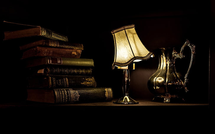 pile of books and beige table lamp, lights, publication, no people, HD wallpaper