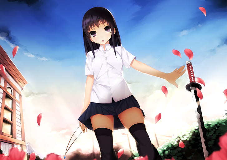 anime, skirt, sword, katana, original characters, school uniform, HD wallpaper