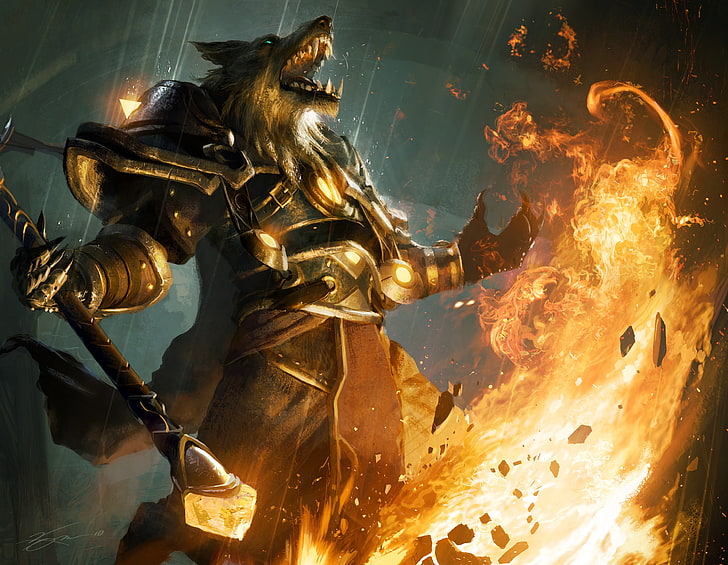 werewolf holding weapon facing fire artwork, World of Warcraft