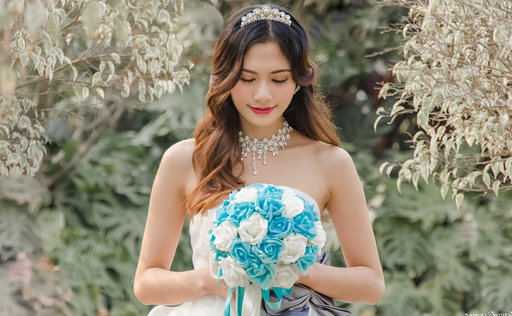 Bride, blue and white flower bridal bouquet, Love, Sexy, Wedding, HD wallpaper