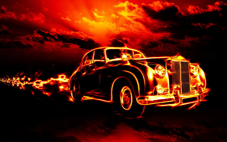 car, fire, digital art, Oldtimer, transportation, motor vehicle, HD wallpaper