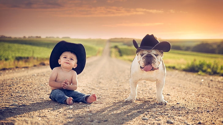 two black cowboy hats, children, dog, animals, Jake Olson, road, HD wallpaper