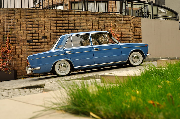 blue Lada sedan, background, car, classic, vaz, low classic, Resto, HD wallpaper