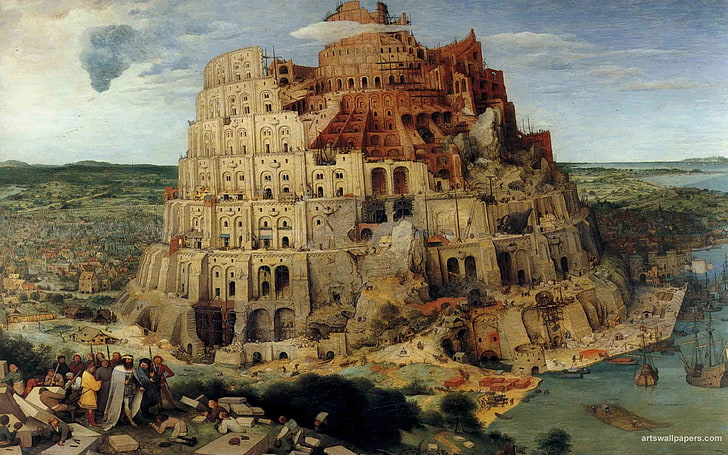 painting, Tower of Babel, group of people, architecture, built structure, HD wallpaper