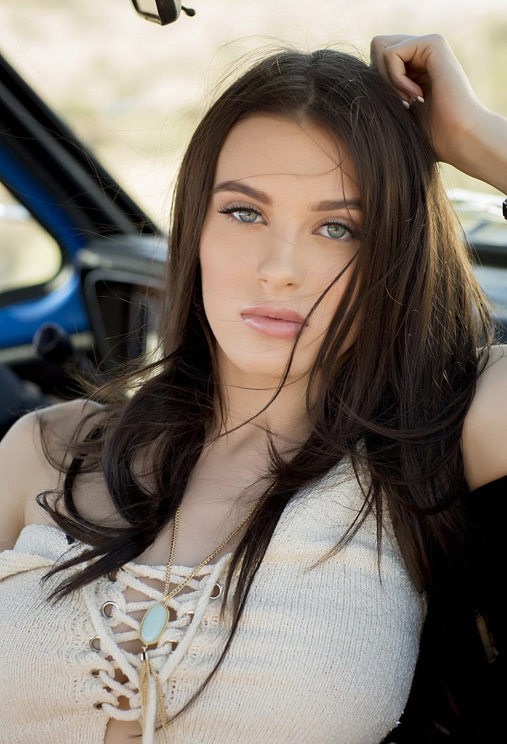 Lana Rhoades, women, model, blue eyes, portrait, outdoors, motor vehicle, HD wallpaper