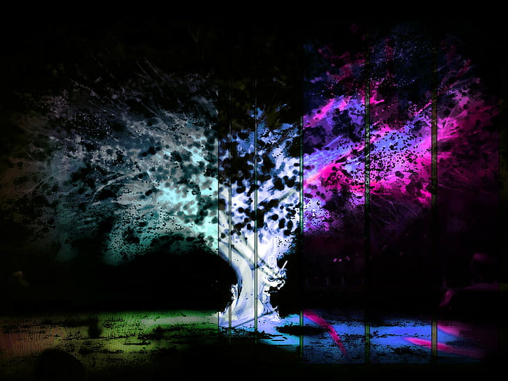 psychedelic, glitch art, negative, trees, field, HD wallpaper