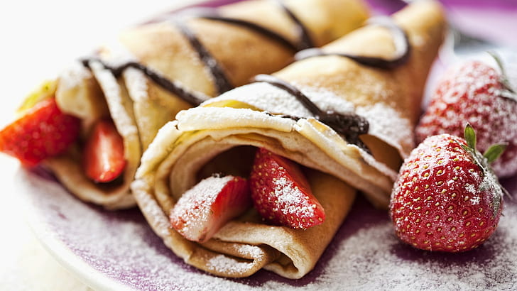 pancakes, strawberries, food, dessert, sugar, closeup, chocolate, HD wallpaper